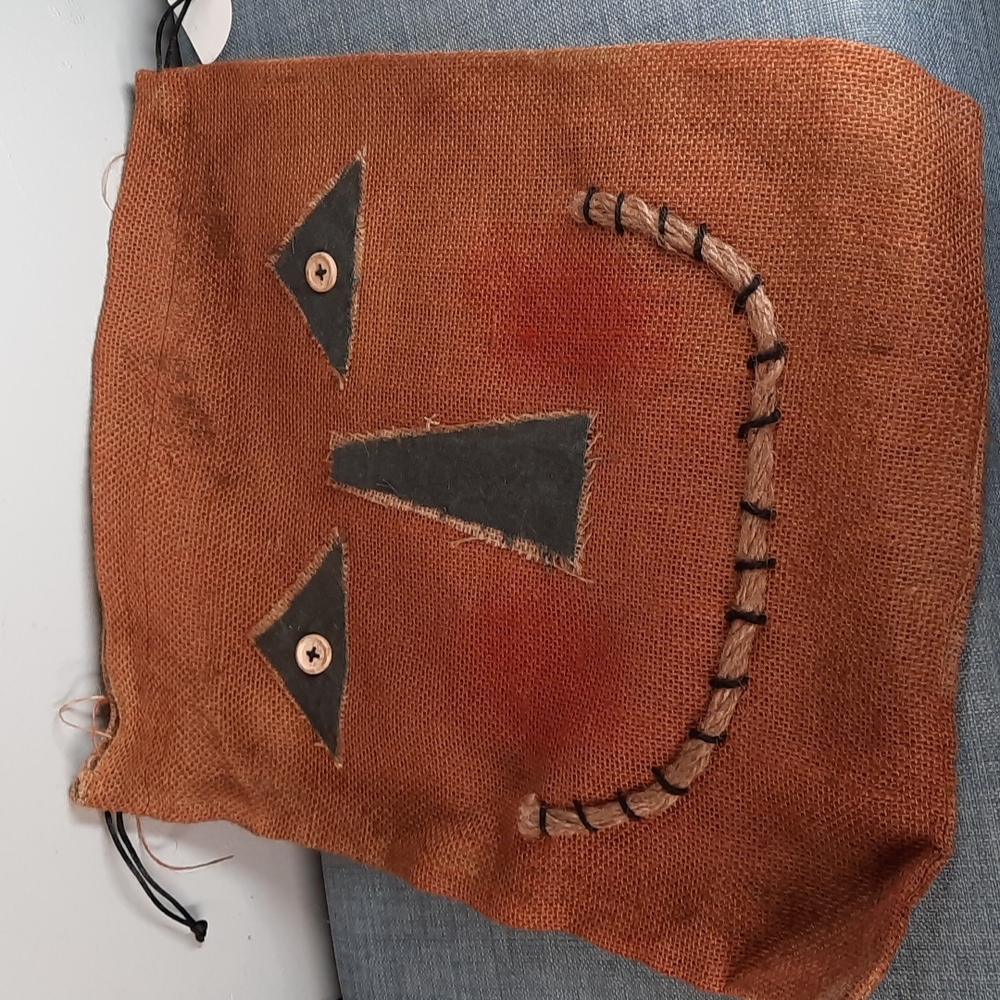 Jack O'Lantern Face Burlap Cinch Top Gift Bag Hanging Wall Door Decor Rustic